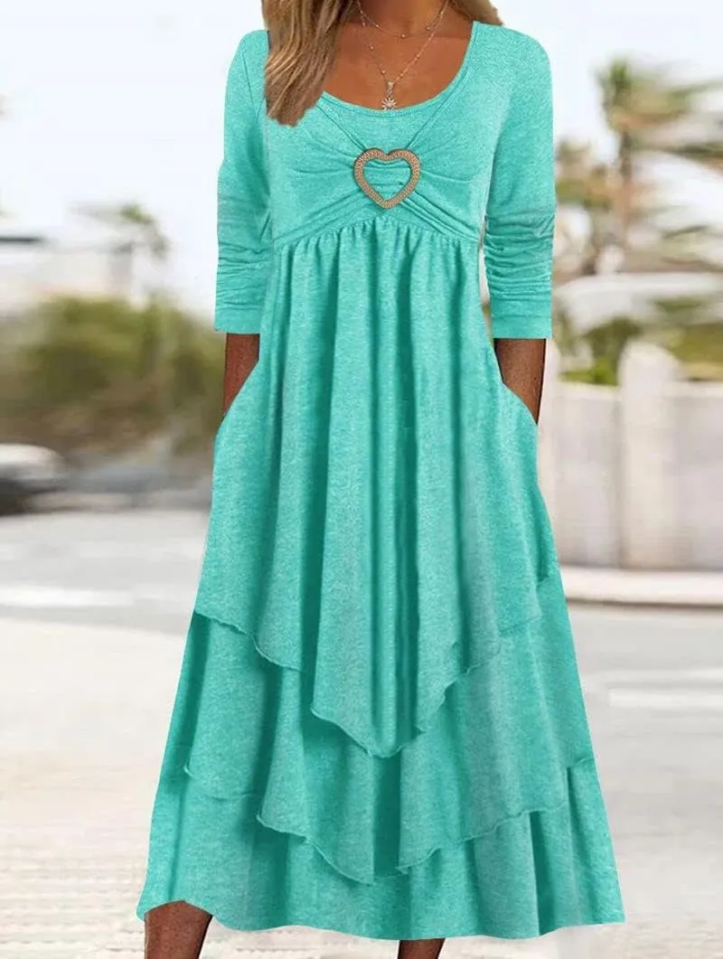Bengbobar Womens Fall Crewneck Long Sleeve Dress Casual Cute Heart Tiered Swing Ruffle A Line Flowy Maxi Dresses with Pockets
