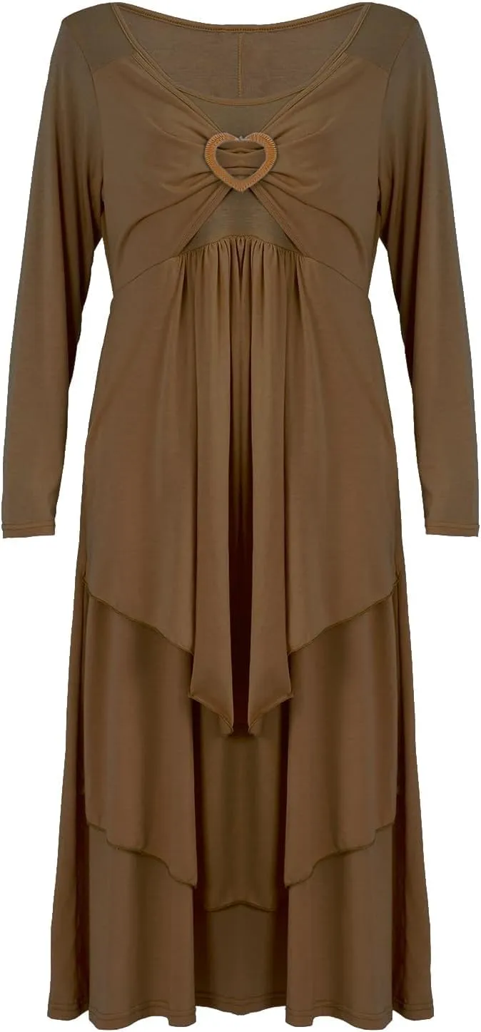 Bengbobar Womens Fall Crewneck Long Sleeve Dress Casual Cute Heart Tiered Swing Ruffle A Line Flowy Maxi Dresses with Pockets