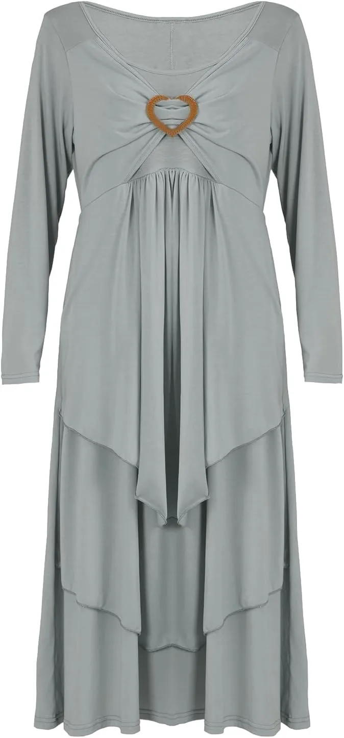Bengbobar Womens Fall Crewneck Long Sleeve Dress Casual Cute Heart Tiered Swing Ruffle A Line Flowy Maxi Dresses with Pockets
