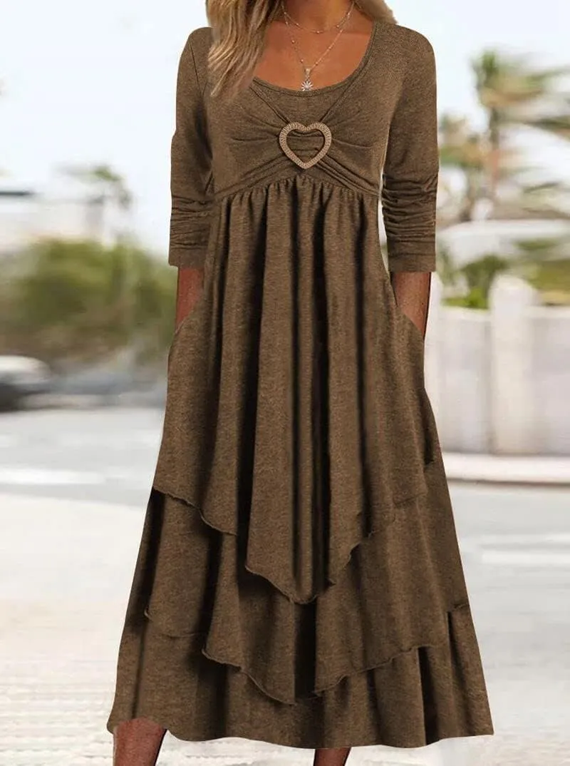 Bengbobar Womens Fall Crewneck Long Sleeve Dress Casual Cute Heart Tiered Swing Ruffle A Line Flowy Maxi Dresses with Pockets