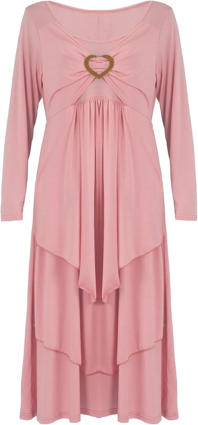 Bengbobar Womens Fall Crewneck Long Sleeve Dress Casual Cute Heart Tiered Swing Ruffle A Line Flowy Maxi Dresses with Pockets