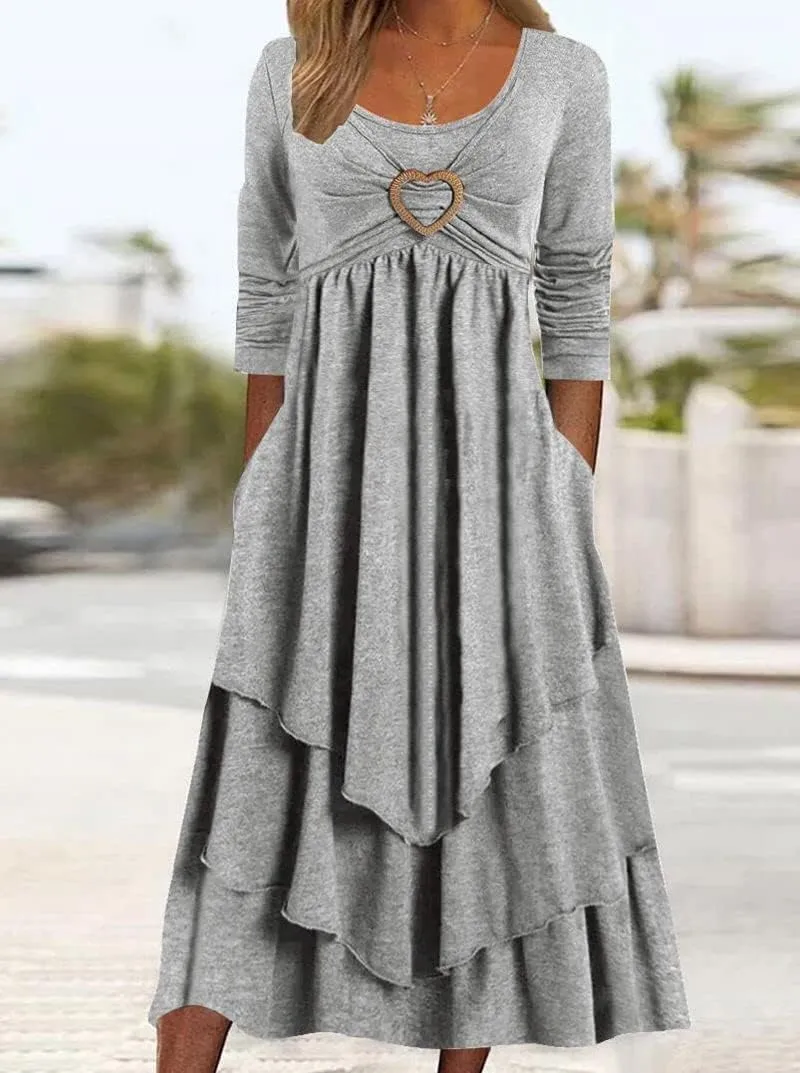 Bengbobar Womens Fall Crewneck Long Sleeve Dress Casual Cute Heart Tiered Swing Ruffle A Line Flowy Maxi Dresses with Pockets