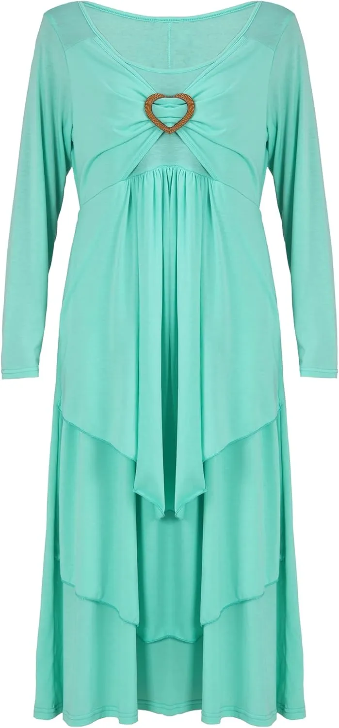 Bengbobar Womens Fall Crewneck Long Sleeve Dress Casual Cute Heart Tiered Swing Ruffle A Line Flowy Maxi Dresses with Pockets
