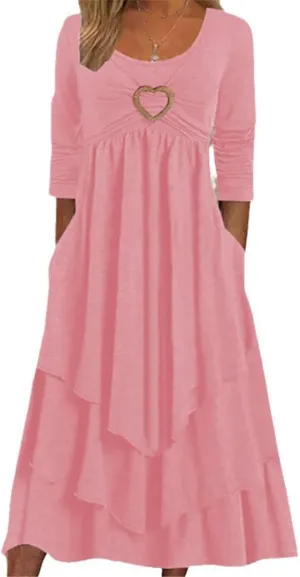 Bengbobar Womens Fall Crewneck Long Sleeve Dress Casual Cute Heart Tiered Swing Ruffle A Line Flowy Maxi Dresses with Pockets