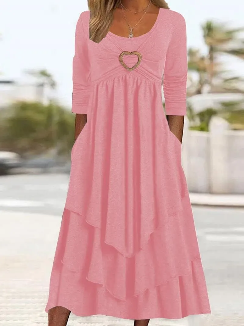 Bengbobar Womens Fall Crewneck Long Sleeve Dress Casual Cute Heart Tiered Swing Ruffle A Line Flowy Maxi Dresses with Pockets