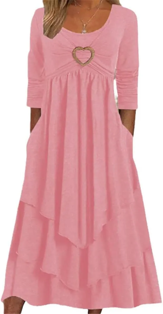 Bengbobar Womens Fall Crewneck Long Sleeve Dress Casual Cute Heart Tiered Swing Ruffle A Line Flowy Maxi Dresses with Pockets