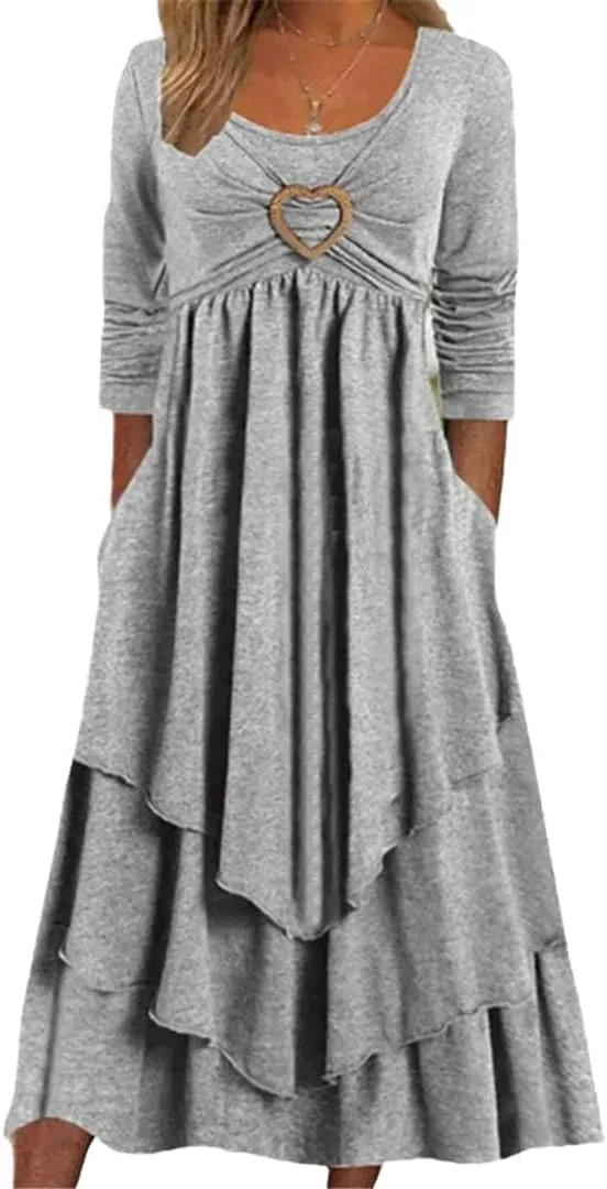 Bengbobar Womens Fall Crewneck Long Sleeve Dress Casual Cute Heart Tiered Swing Ruffle A Line Flowy Maxi Dresses with Pockets