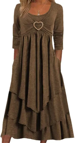 Bengbobar Womens Fall Crewneck Long Sleeve Dress Casual Cute Heart Tiered Swing Ruffle A Line Flowy Maxi Dresses with Pockets