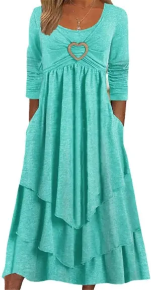 Bengbobar Womens Fall Crewneck Long Sleeve Dress Casual Cute Heart Tiered Swing Ruffle A Line Flowy Maxi Dresses with Pockets