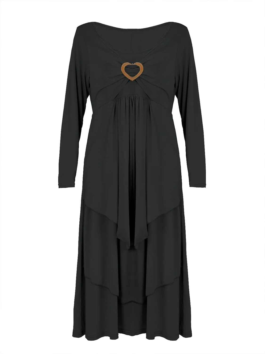 Bengbobar Womens Fall Crewneck Long Sleeve Dress Casual Cute Heart Tiered Swing Ruffle A Line Flowy Maxi Dresses with Pockets