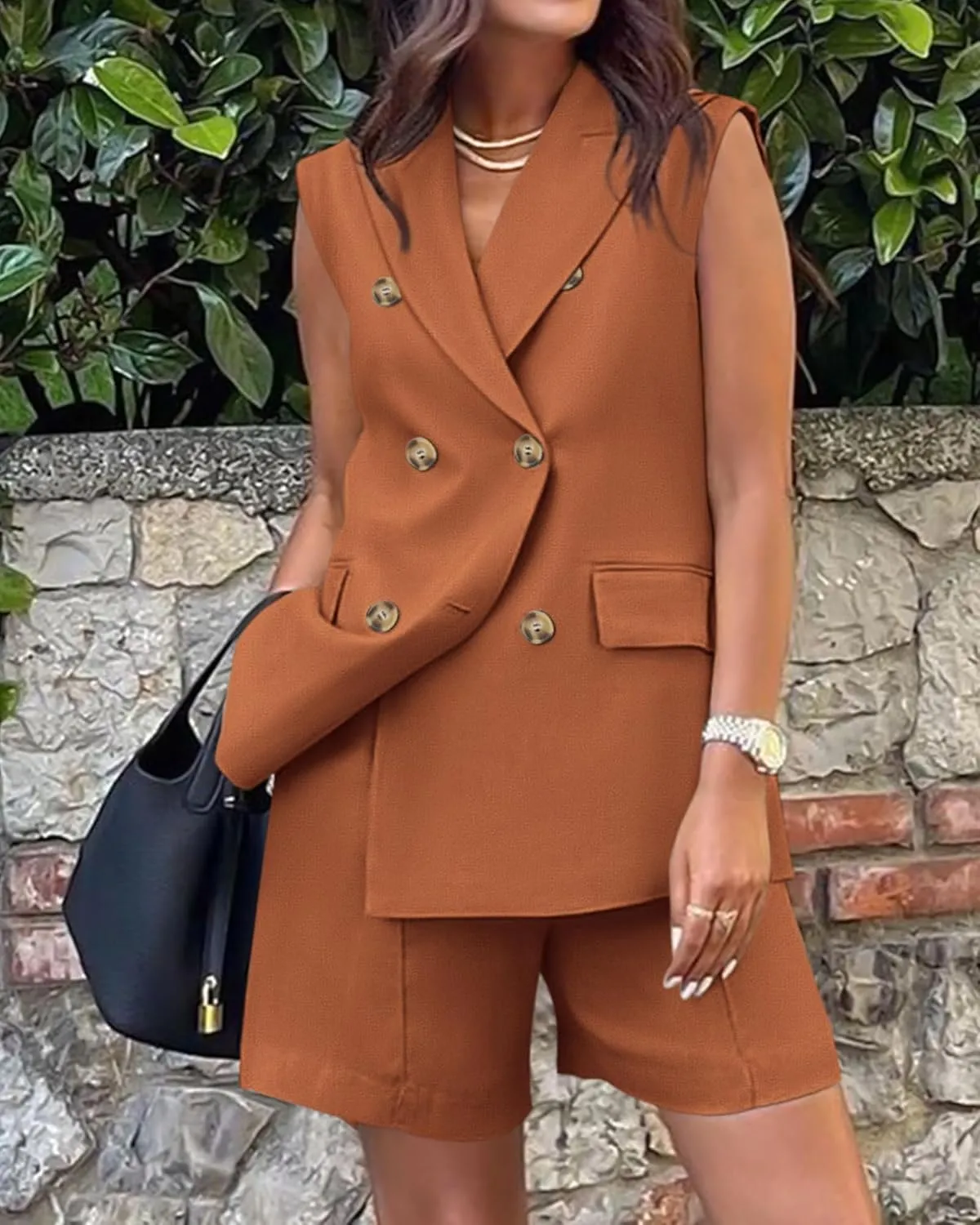 Blazer Sets Women 2 Piece Outfits Work Office Business Casual Shorts and Sleeveless V Neck Button Down Blazers Vest