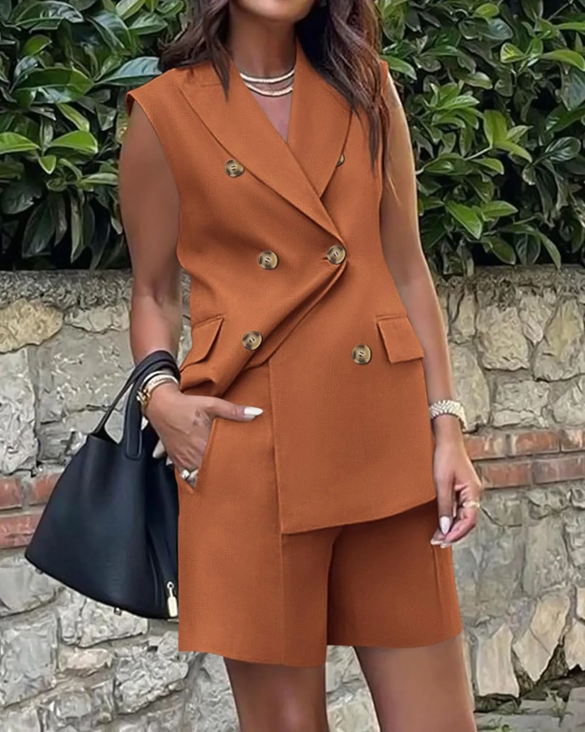 Blazer Sets Women 2 Piece Outfits Work Office Business Casual Shorts and Sleeveless V Neck Button Down Blazers Vest