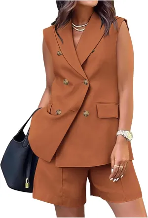 Blazer Sets Women 2 Piece Outfits Work Office Business Casual Shorts and Sleeveless V Neck Button Down Blazers Vest