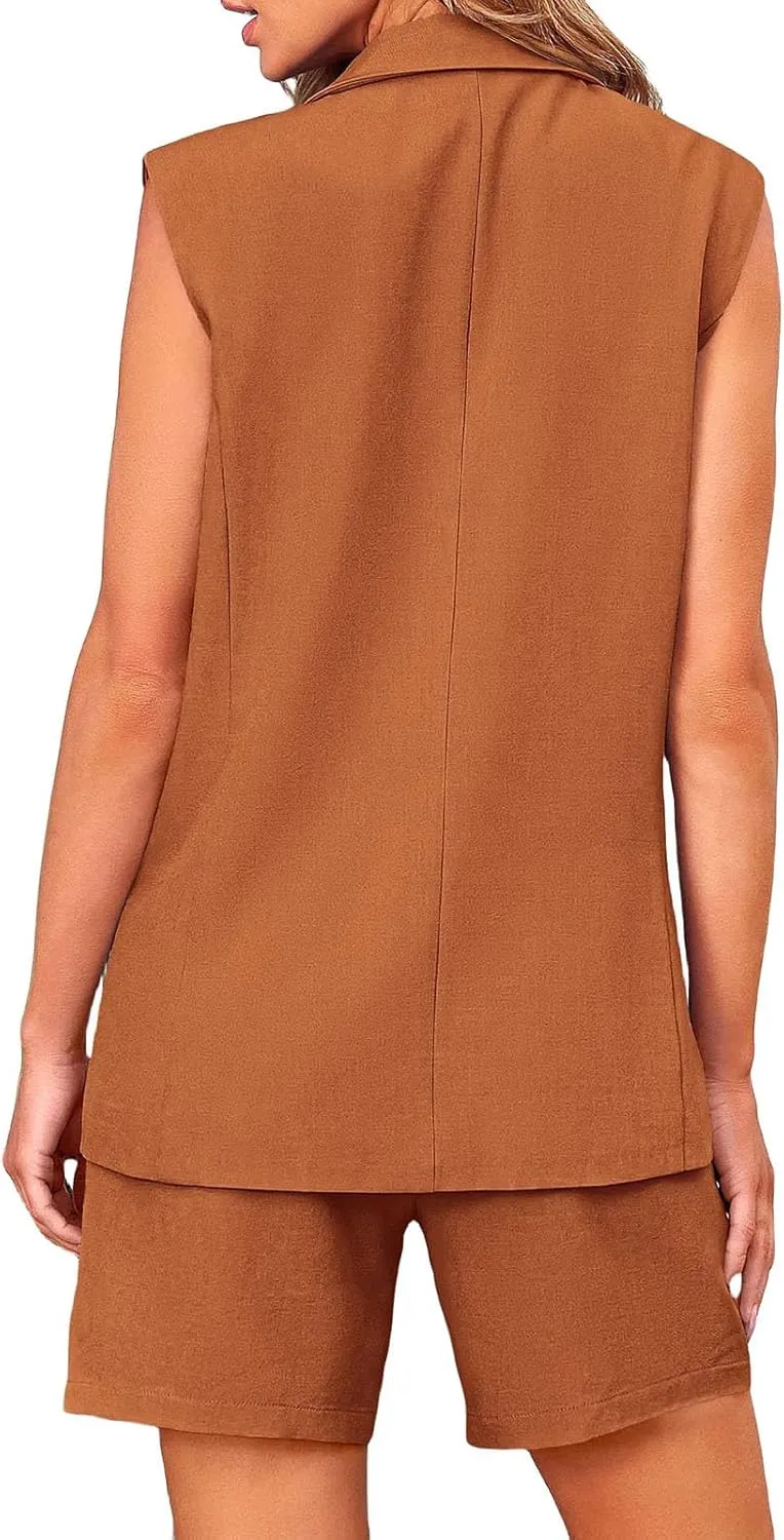 Blazer Sets Women 2 Piece Outfits Work Office Business Casual Shorts and Sleeveless V Neck Button Down Blazers Vest