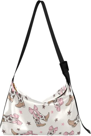 Bows Cowgirl Boots Hobo Crossbody Bags for Women Leather Large Shoulder Bag Cross Body Trendy Womens Tote Bags Handbag for Travel Shopping