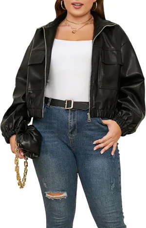 Byinns Women's Faux Leather Belted Motorcycle Jacket Standard & Plus Sizes Short PU Jacket Zip Up Outwear Casual Coats