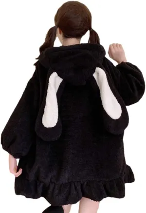 BZB Kawaii Anime Bunny Ear Hoodies For Women Sweet Lovely Fuzzy Fluffy Rabbit Sweater Tops Cosplay Jacket Coats