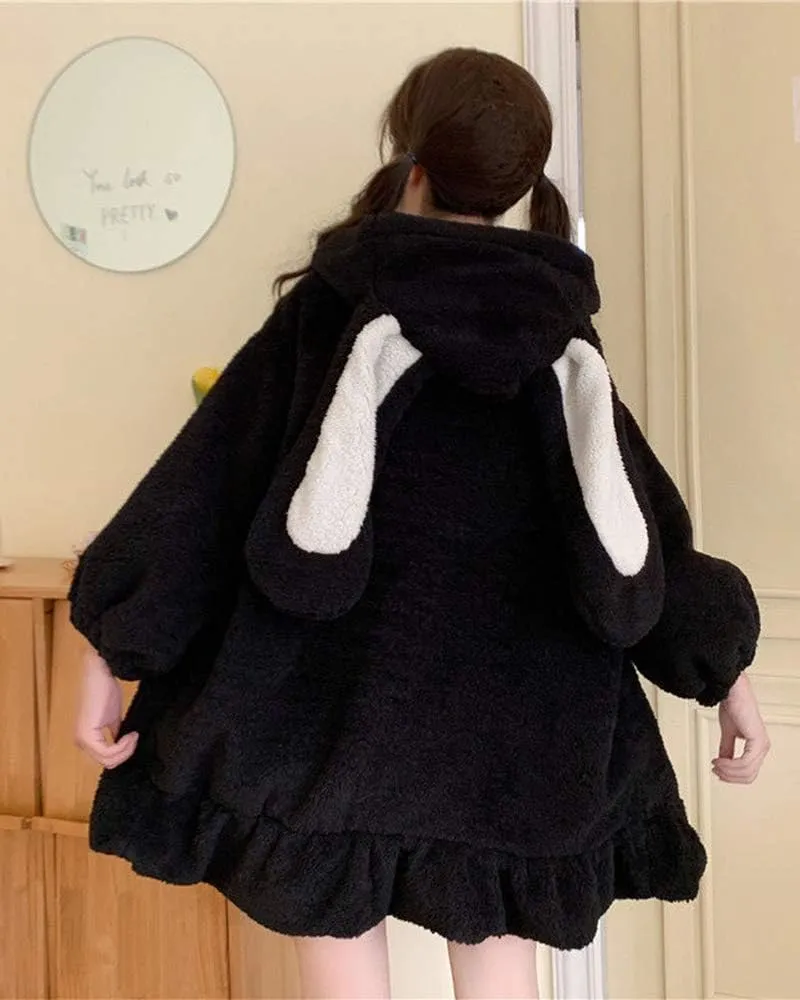 BZB Kawaii Anime Bunny Ear Hoodies For Women Sweet Lovely Fuzzy Fluffy Rabbit Sweater Tops Cosplay Jacket Coats
