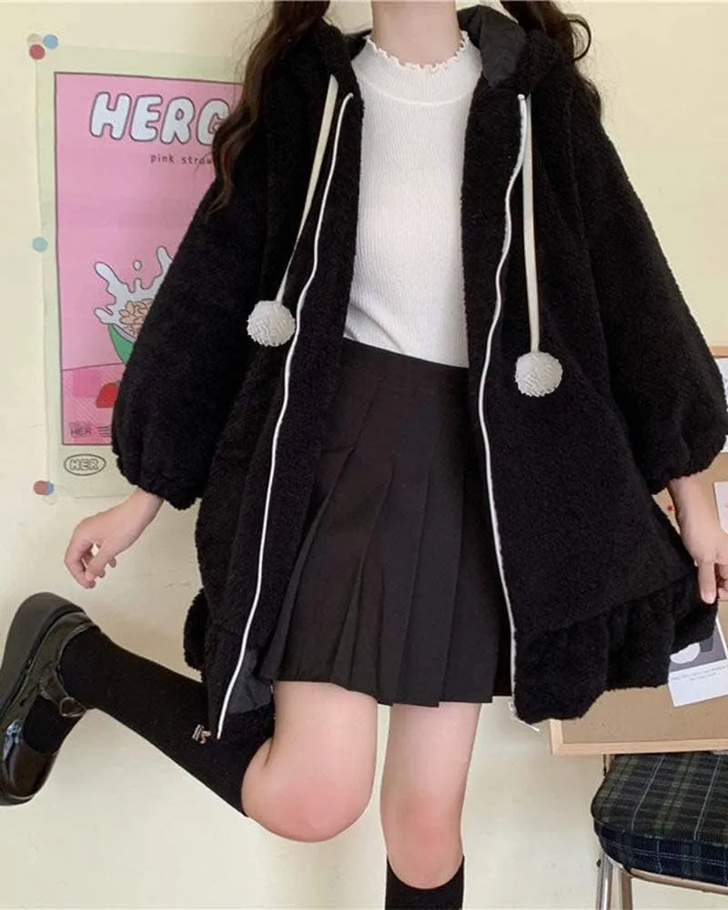BZB Kawaii Anime Bunny Ear Hoodies For Women Sweet Lovely Fuzzy Fluffy Rabbit Sweater Tops Cosplay Jacket Coats