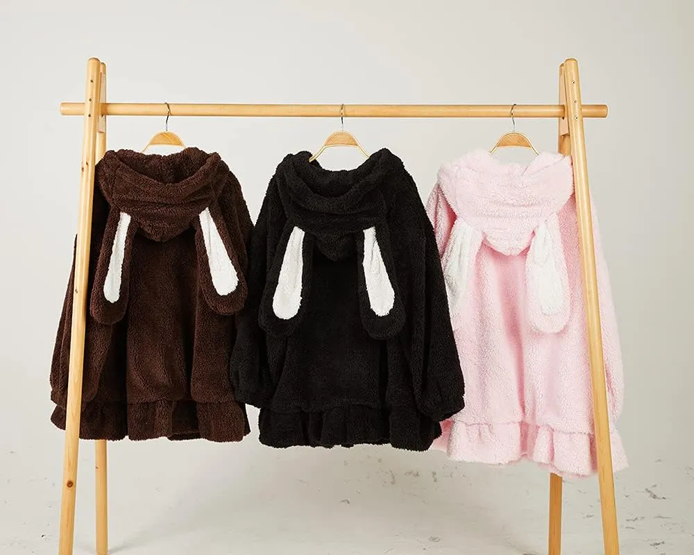 BZB Kawaii Anime Bunny Ear Hoodies For Women Sweet Lovely Fuzzy Fluffy Rabbit Sweater Tops Cosplay Jacket Coats