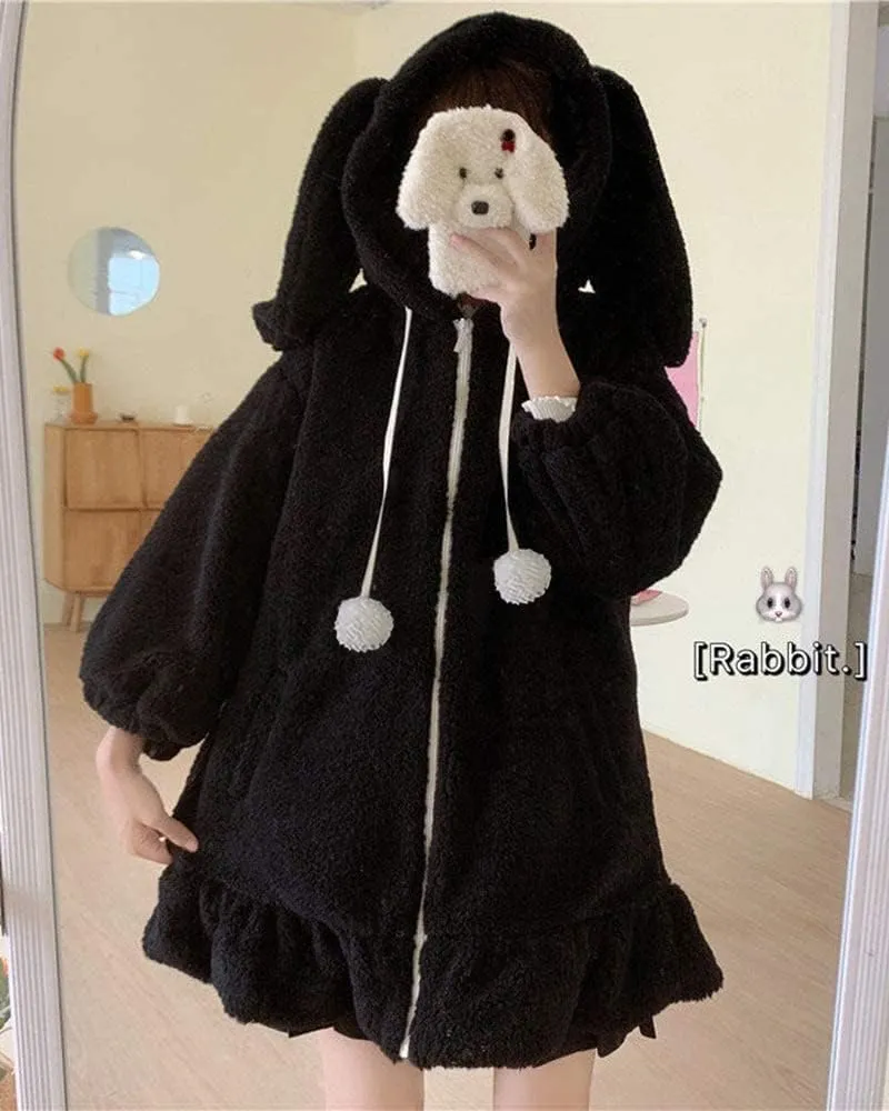 BZB Kawaii Anime Bunny Ear Hoodies For Women Sweet Lovely Fuzzy Fluffy Rabbit Sweater Tops Cosplay Jacket Coats