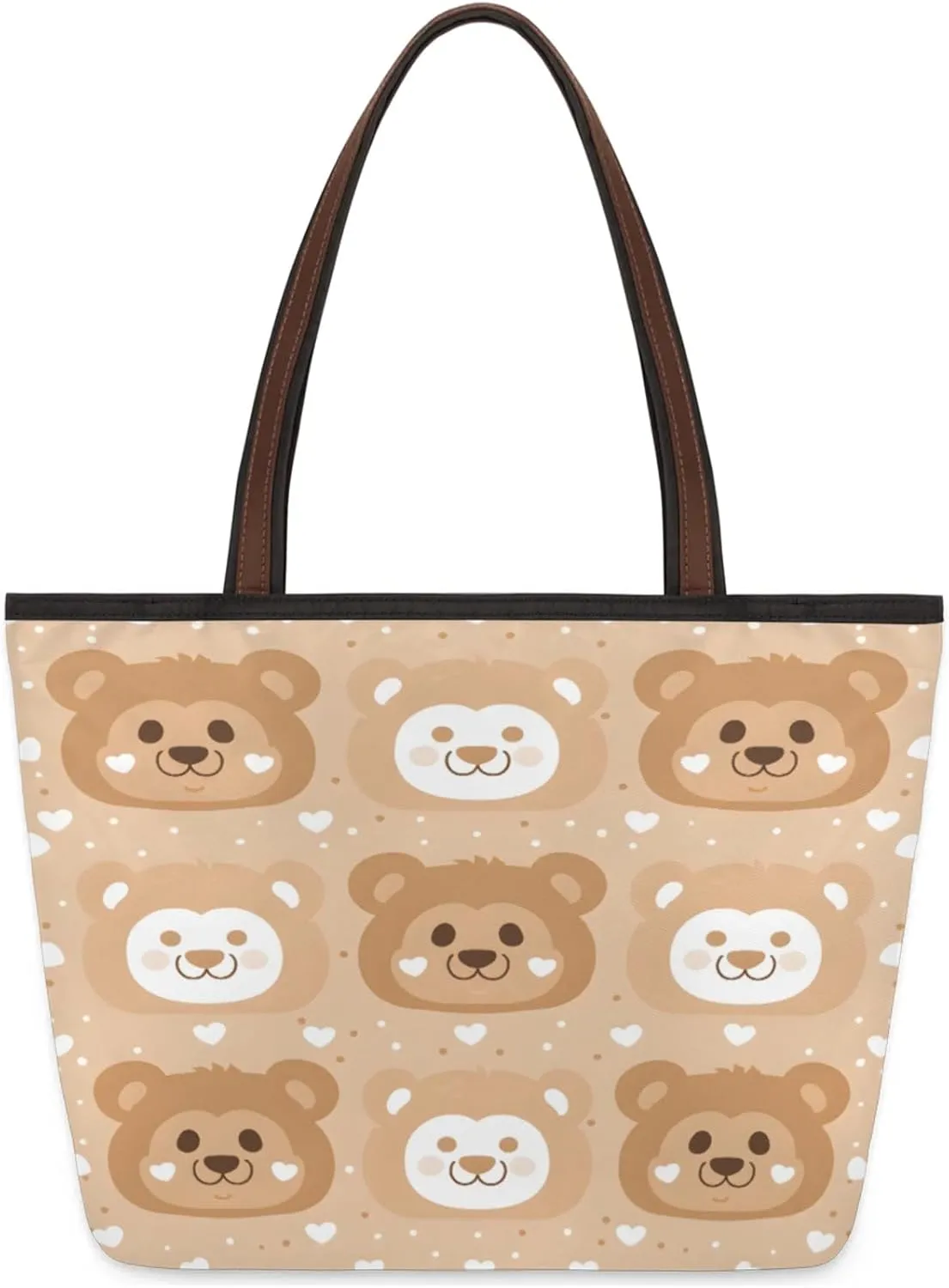 Cartoon Bears Face Tote Bag Multi Pocket Zippered Beach Bag Lightweight Waterproof Handbag