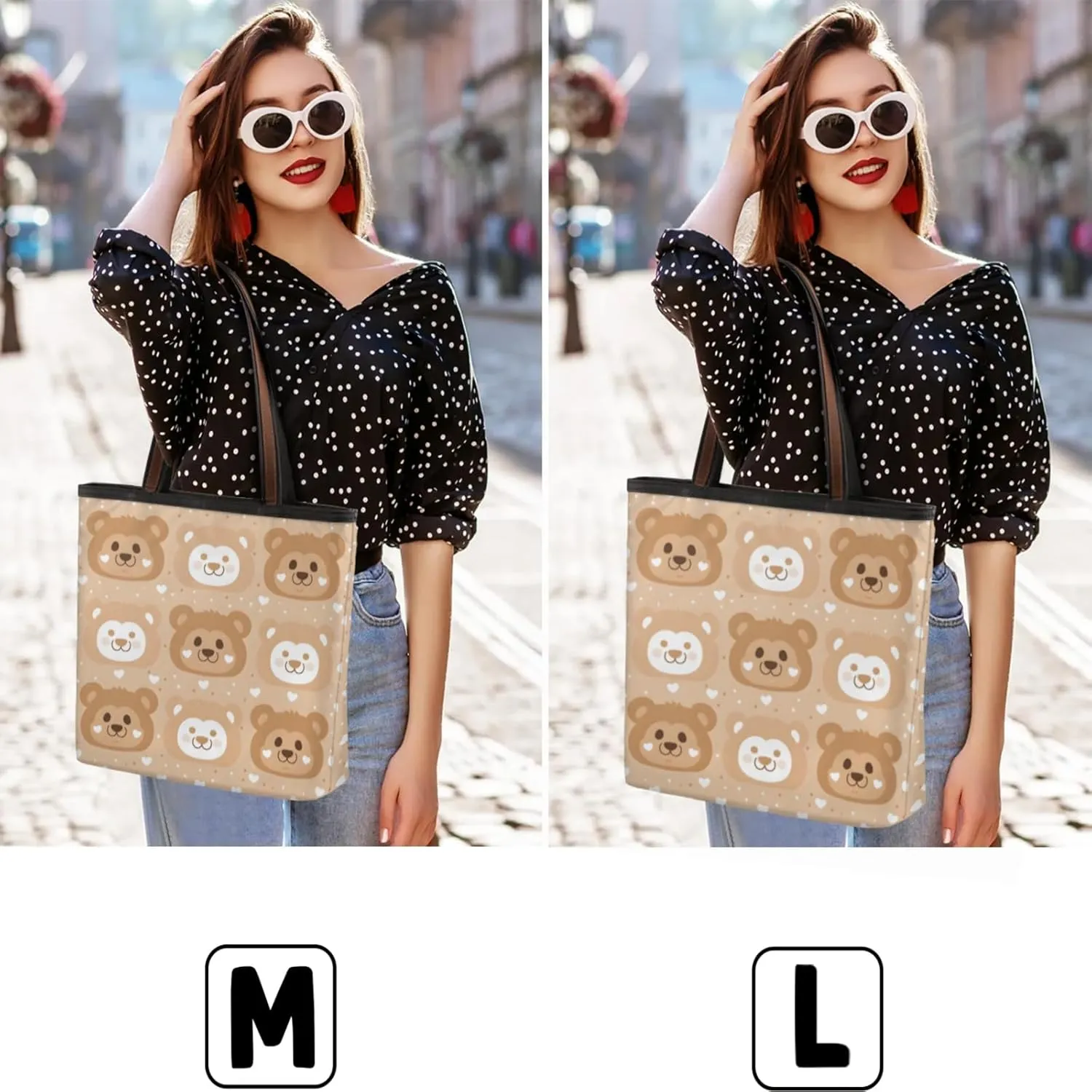 Cartoon Bears Face Tote Bag Multi Pocket Zippered Beach Bag Lightweight Waterproof Handbag