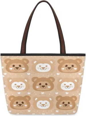 Cartoon Bears Face Tote Bag Multi Pocket Zippered Beach Bag Lightweight Waterproof Handbag