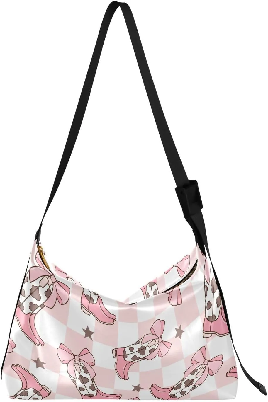 Checkerboard Bows Cowgirl Boots Hobo Crossbody Bags for Women Leather Large Shoulder Bag Cross Body Trendy Womens Tote Bags Handbag for Travel Shopping