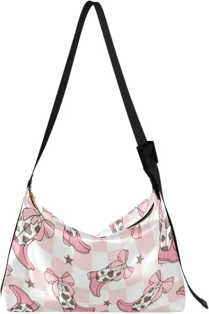 Checkerboard Bows Cowgirl Boots Hobo Crossbody Bags for Women Leather Large Shoulder Bag Cross Body Trendy Womens Tote Bags Handbag for Travel Shopping
