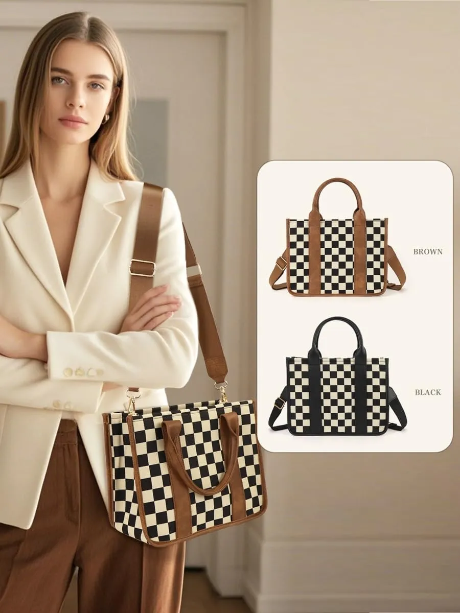 Checkered Crossbody Bag Women Canvas Tote Handbag Checkered Purse Satchels Hobo Bags Slouchy Shoulder Bag for Work Travel
