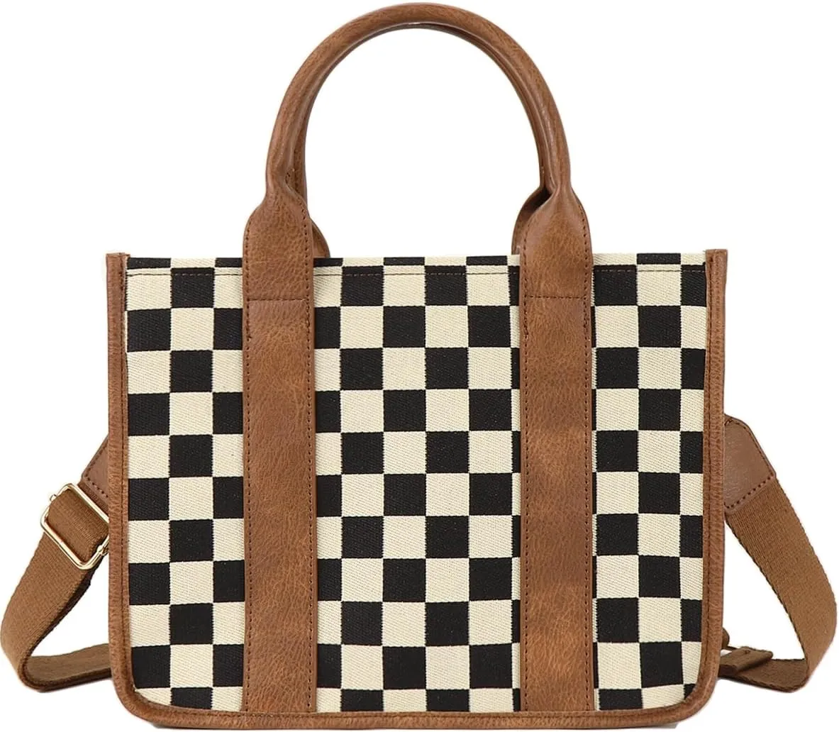 Checkered Crossbody Bag Women Canvas Tote Handbag Checkered Purse Satchels Hobo Bags Slouchy Shoulder Bag for Work Travel