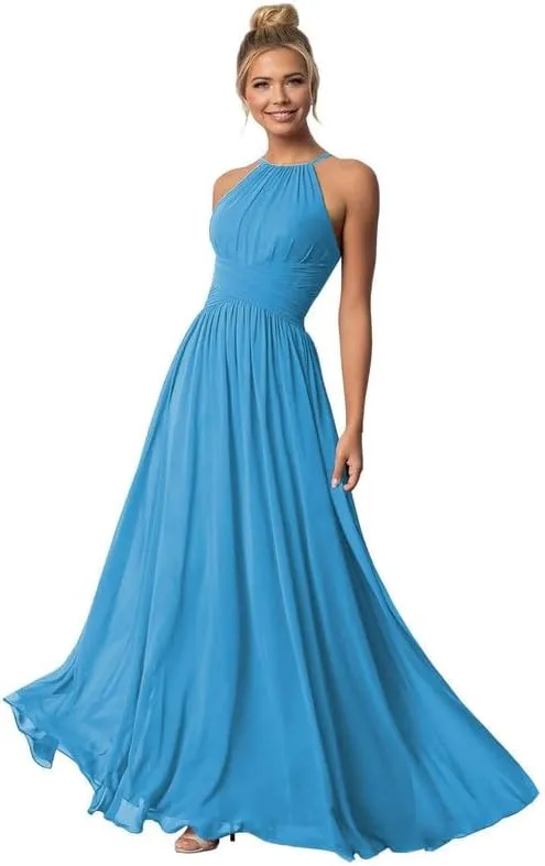 Chiffon Halter Bridesmaid Dresses for Women Long A Line Pleated Evening Formal Dress for Wedding Prom Dress