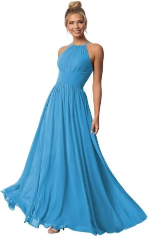 Chiffon Halter Bridesmaid Dresses for Women Long A Line Pleated Evening Formal Dress for Wedding Prom Dress