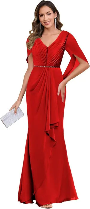 Chiffon Mother of The Bride Dresses with Sleeves Ruched Long Formal Wedding Guest Dress