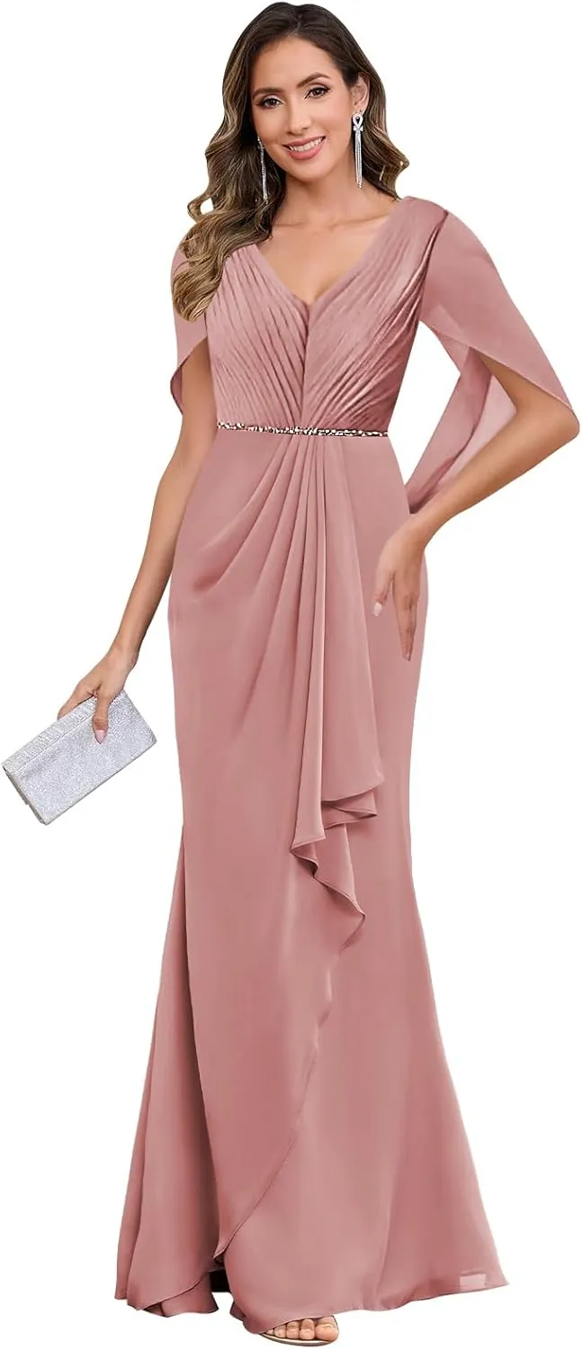 Chiffon Mother of The Bride Dresses with Sleeves Ruched Long Formal Wedding Guest Dress