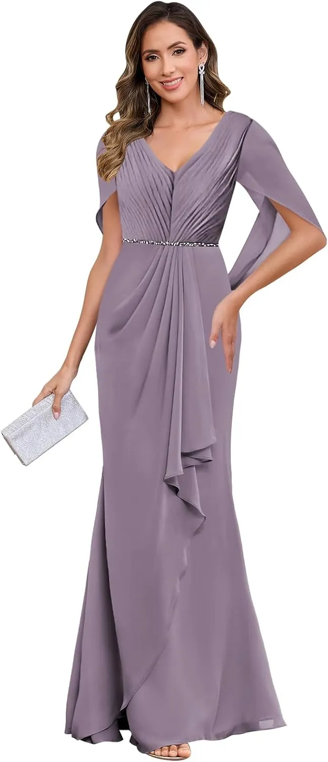 Chiffon Mother of The Bride Dresses with Sleeves Ruched Long Formal Wedding Guest Dress