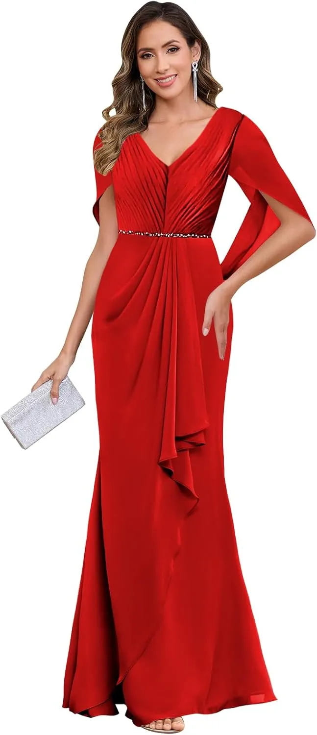 Chiffon Mother of The Bride Dresses with Sleeves Ruched Long Formal Wedding Guest Dress