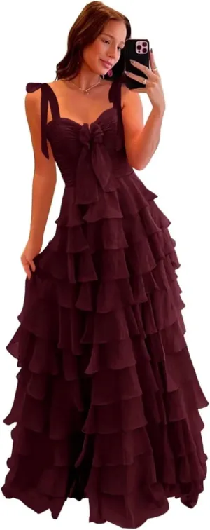 Chiffon Tiered Prom Dresses for Women 2025 with Bow Spaghetti Straps Long Ruffles Slit Formal Evening Dress