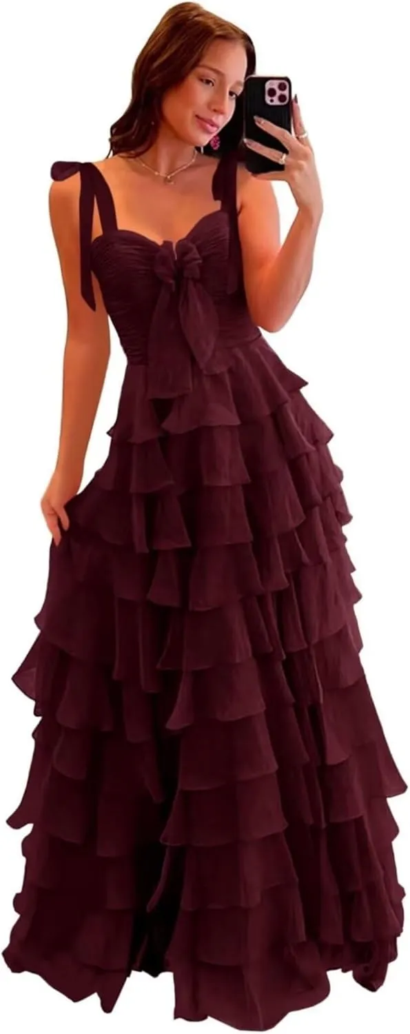 Chiffon Tiered Prom Dresses for Women 2025 with Bow Spaghetti Straps Long Ruffles Slit Formal Evening Dress