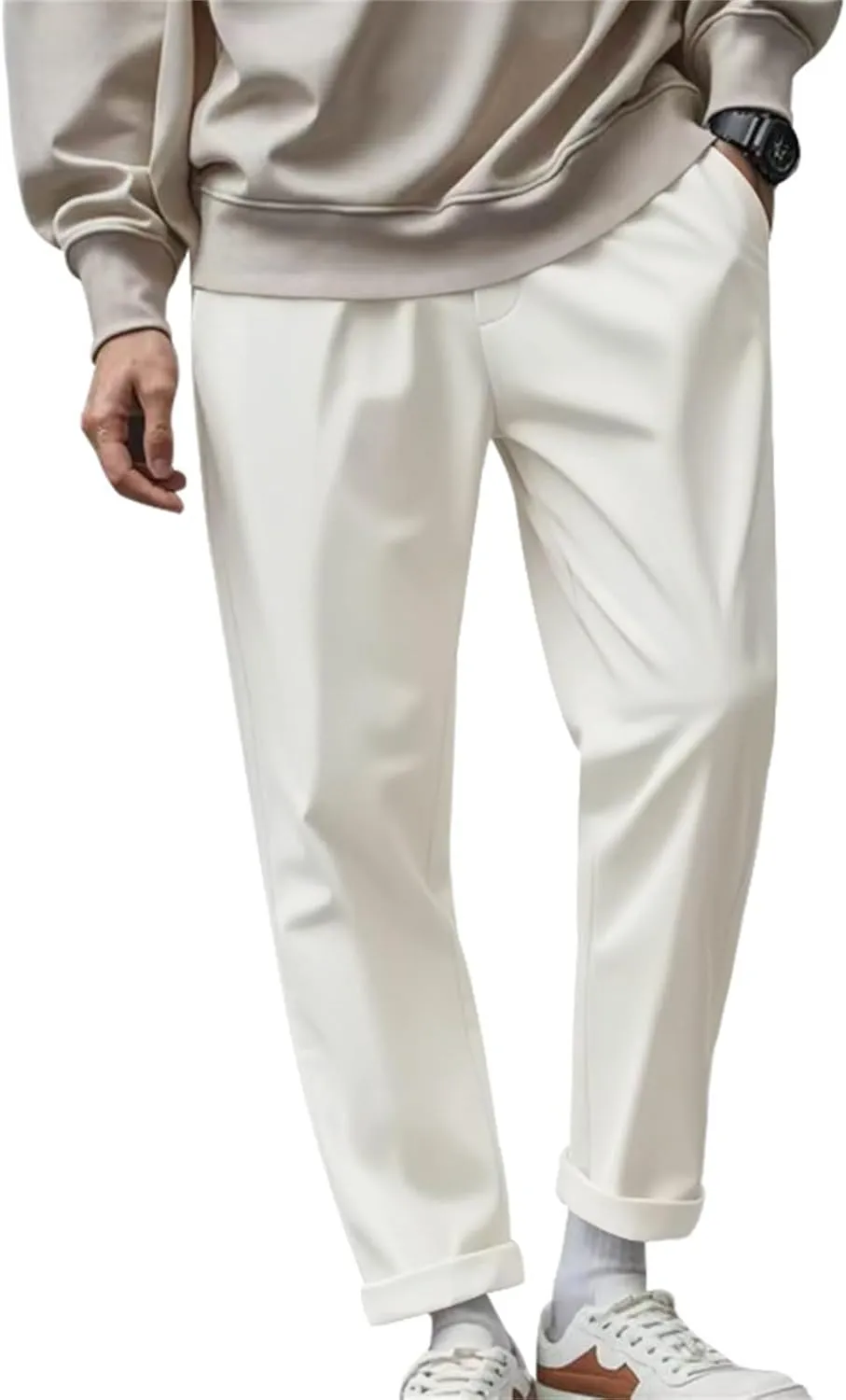 Chino Pants Men Slim Fit Drawstring Waist Dress Pants with Pockets Lightweight Straight Leg Business Casual Pants