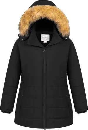 Chrisuno Women's Plus Size Winter Puffer Jacket Warm Long Winter Coats Quilted Waterproof Fleece Lined Detachable Fur Hood
