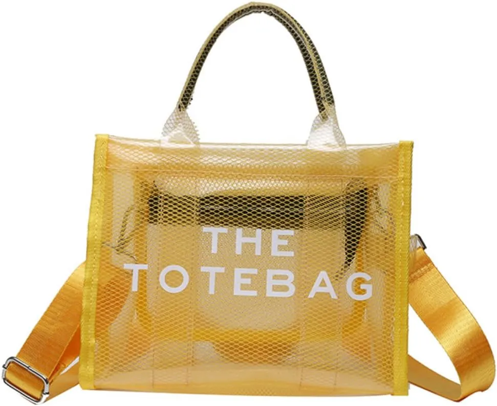 Clear Tote Bags Casual Pvc Crossbody for Women Mesh Totes Bag Travel Tote with Zipper for Beach Vacation (A Yellow)