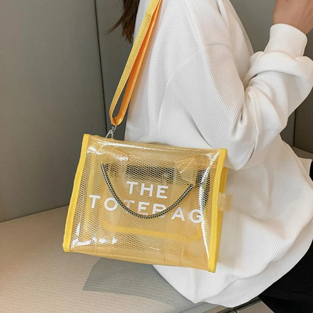 Clear Tote Bags Casual Pvc Crossbody for Women Mesh Totes Bag Travel Tote with Zipper for Beach Vacation (A Yellow)
