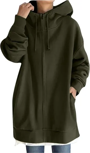 COTECRAM Women's Zip Up Hoodies Oversized Long Sleeve Fall Hooded Sweatshirts Casual Long Fleece Jacket Coats with Pockets