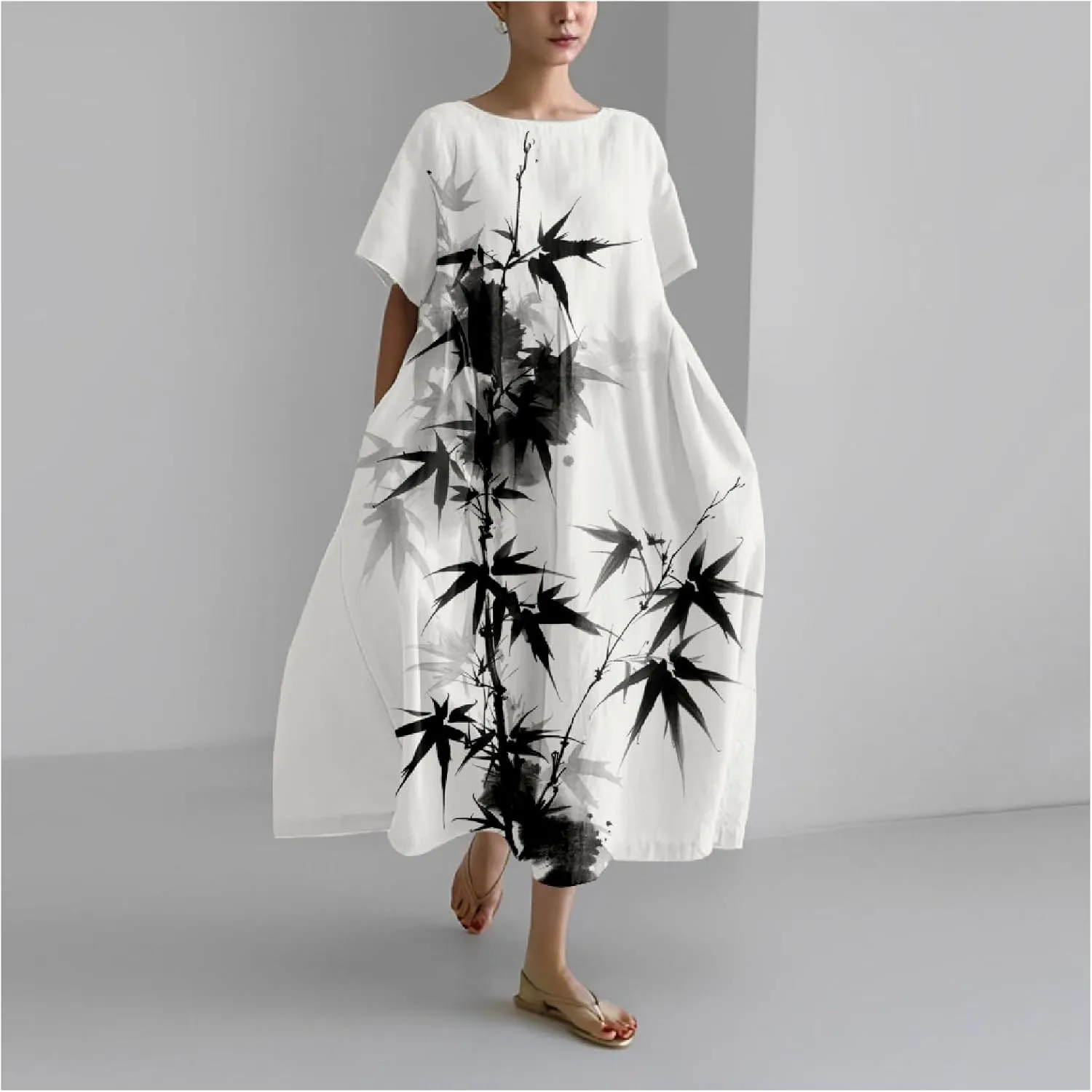 Cotton Linen Dress Floral Print Casual Loose Short Sleeve Crew Neck Maxi Ladies Flowy Summer Long Dresses