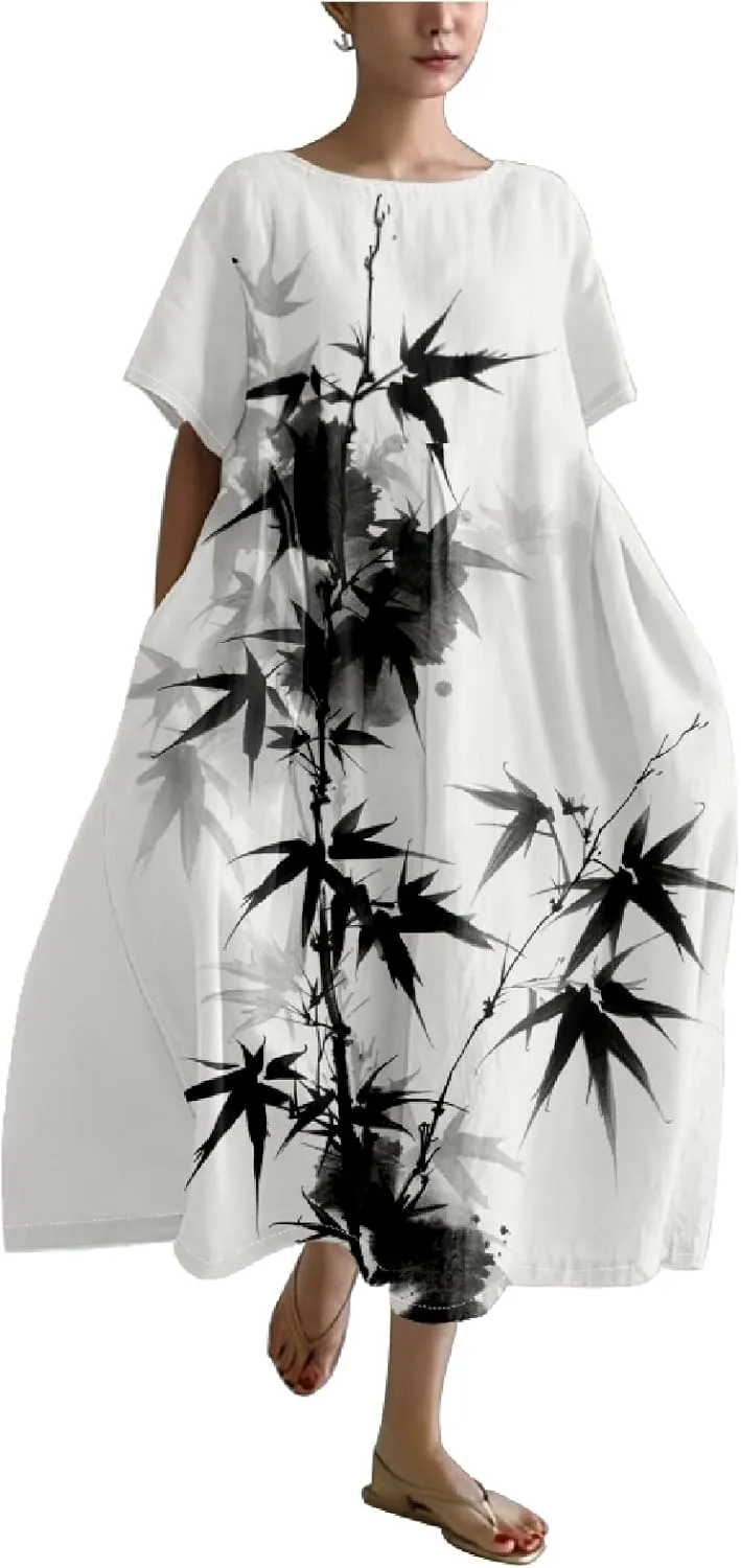 Cotton Linen Dress Floral Print Casual Loose Short Sleeve Crew Neck Maxi Ladies Flowy Summer Long Dresses