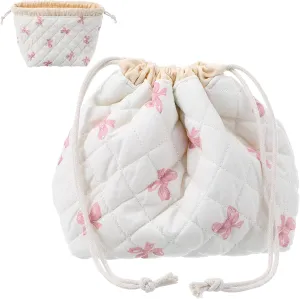 Cotton Quilted Drawstring Makeup Bag with Canvas Lining, Coquette Cute Pink Bow Makeup bag Travel Cosmetic Pouch Portable Toiletry Organizer for Women