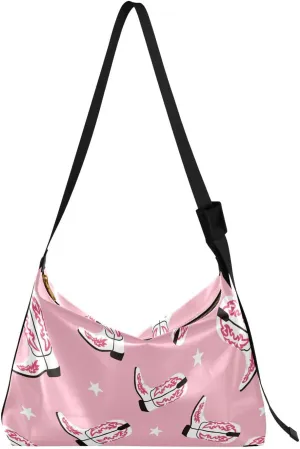 Cowboy Boots and Stars Hobo Crossbody Bags for Women Leather Large Shoulder Bag Cross Body Pink Trendy Womens Tote Bags Handbag for Travel Shopping