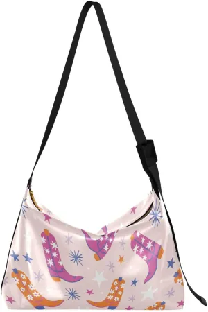 Cowboy Boots Pattern Hobo Crossbody Bags for Women Leather Large Shoulder Bag Cross Body Trendy Womens Tote Bags Handbag for Travel Shopping